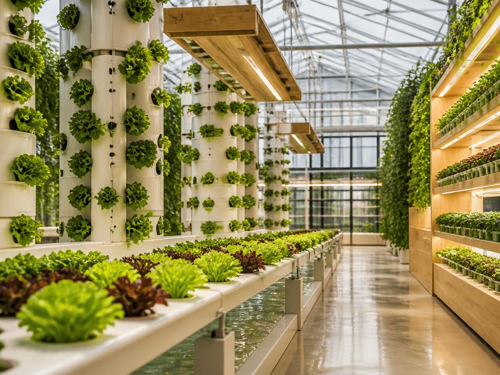 Modern hydroponic and aeroponic vertical farm with lush green crops