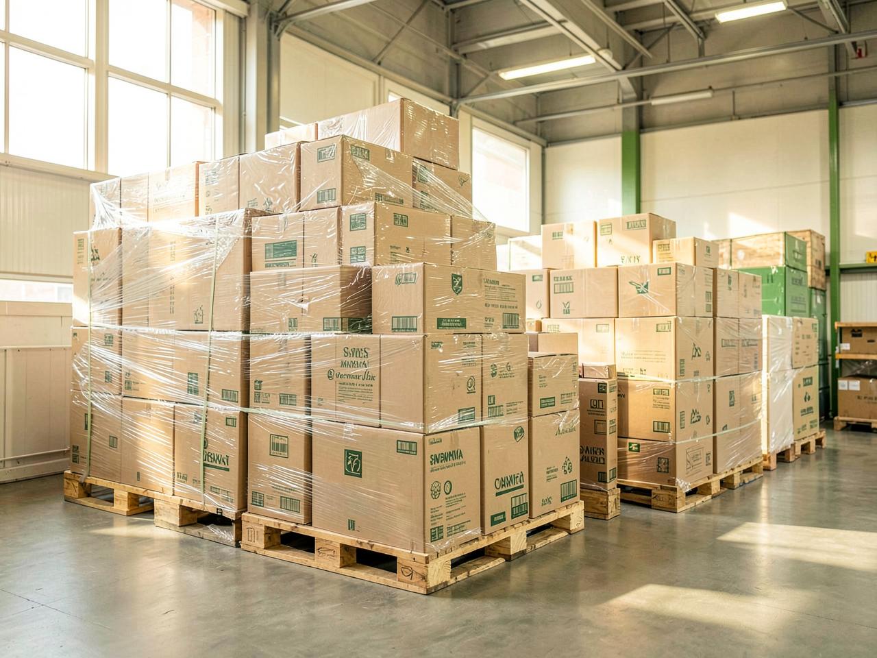 Cartons palletised and stretch-wrapped in an export warehouse
