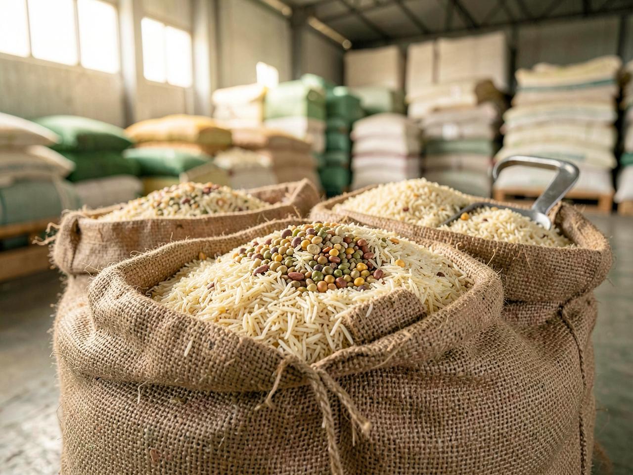 Basmati rice and mixed pulses in open jute sacks at an export warehouse