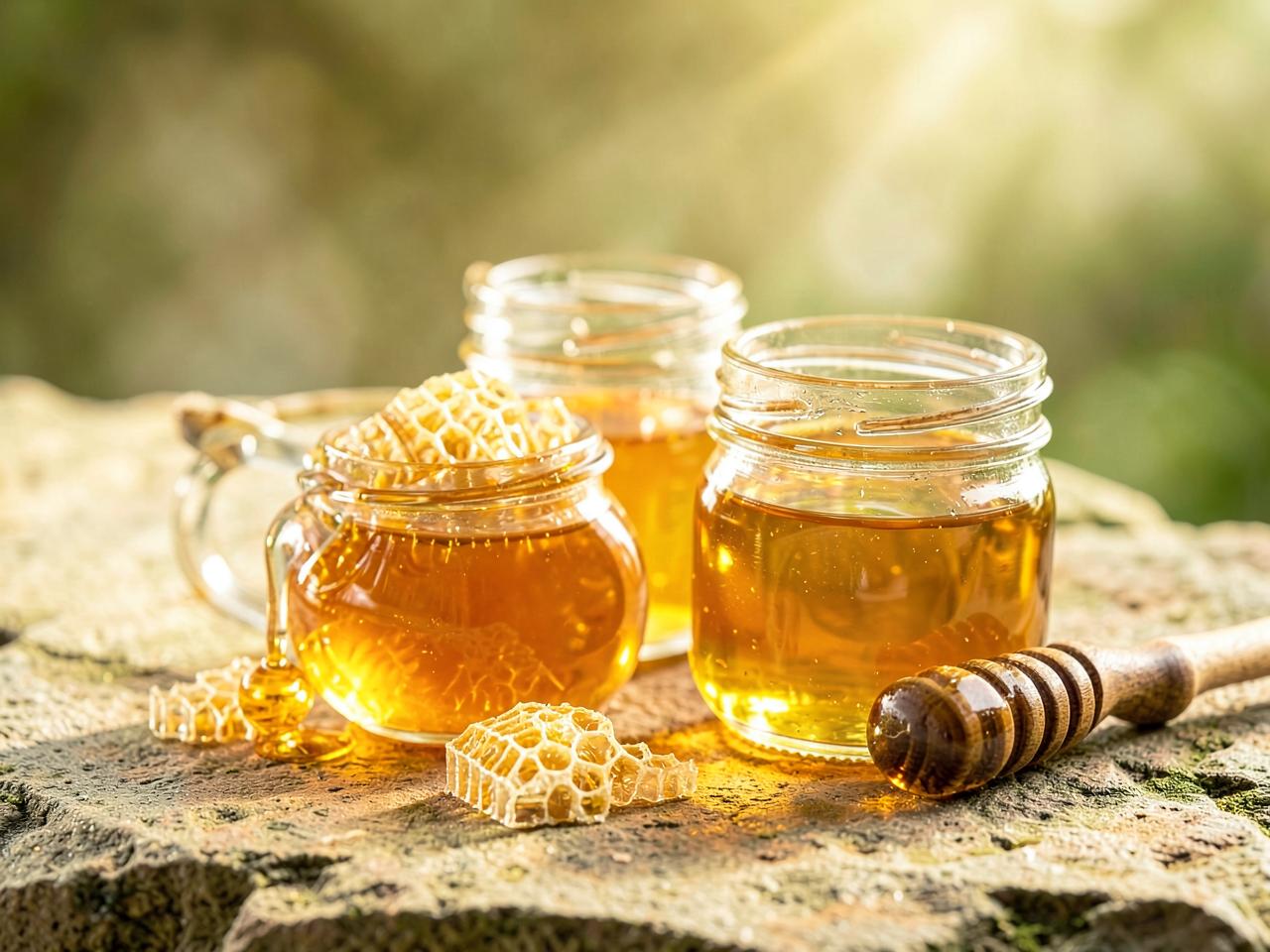 Raw honey in glass jars with honeycomb and a dipper