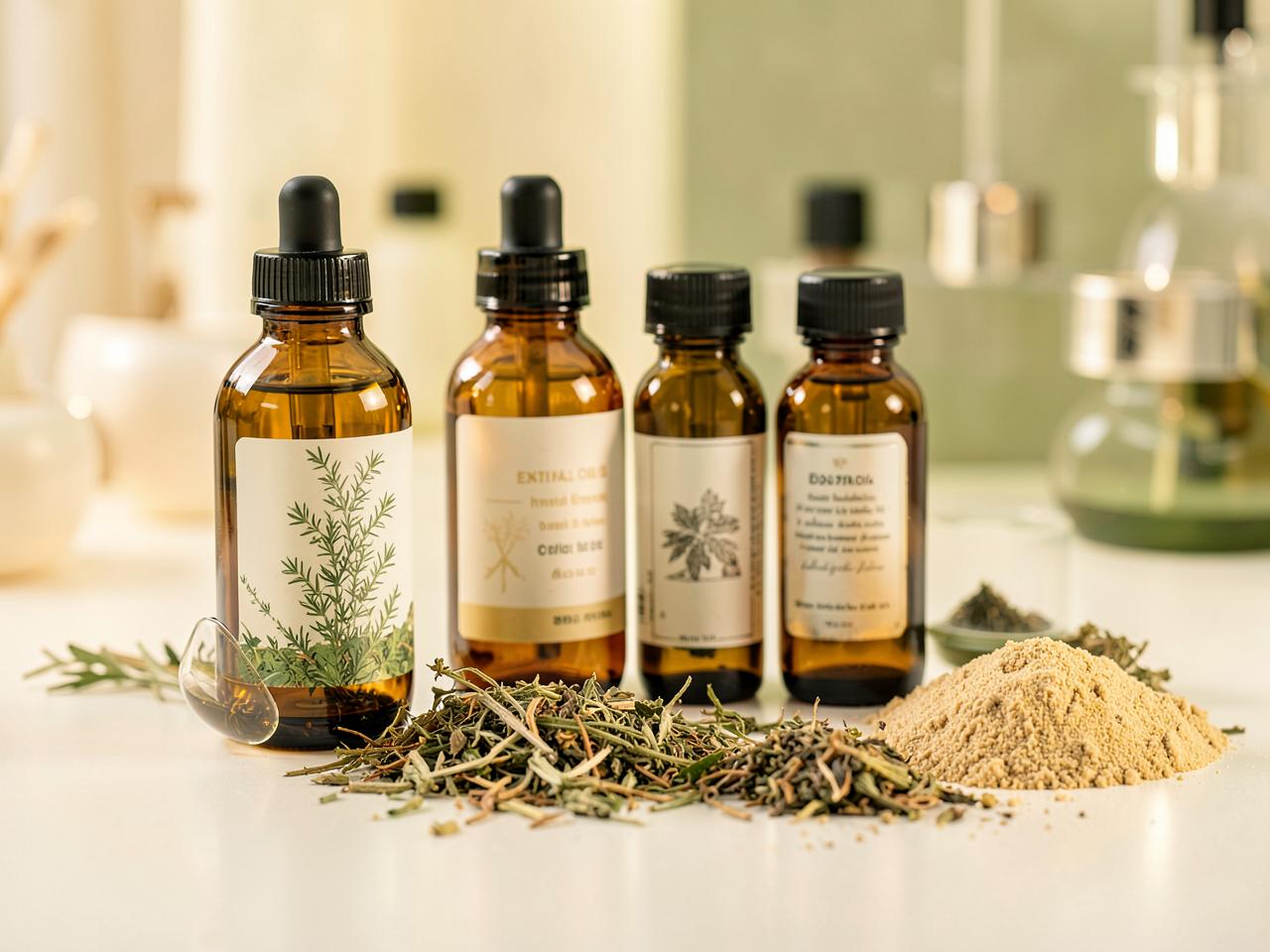 Botanical extracts and essential oils in amber bottles beside dried herbs