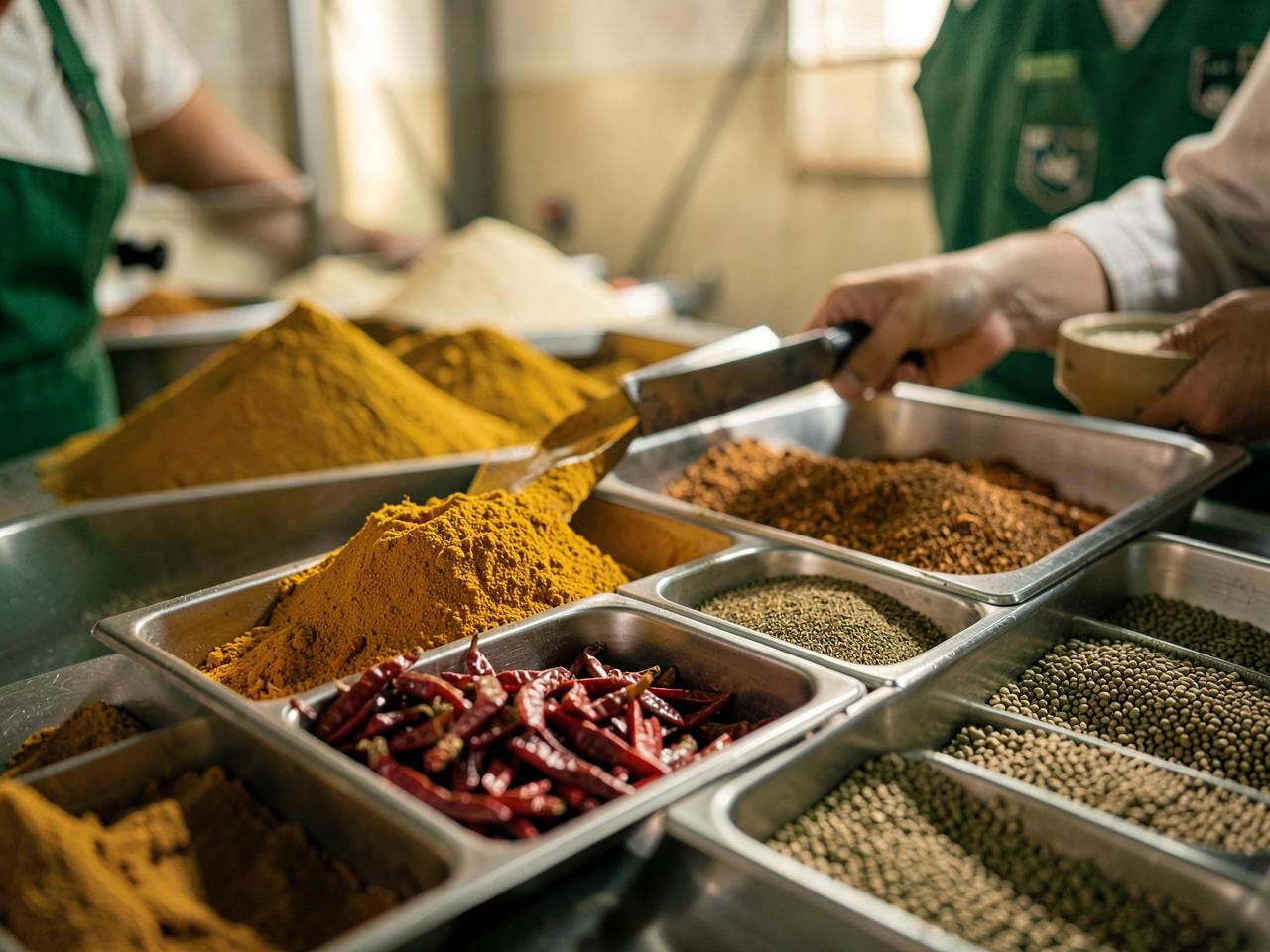 Turmeric, red chilli and cumin being quality-checked in an export facility