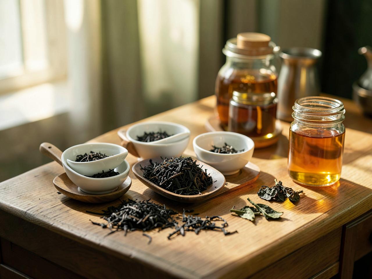 Tea tasting bench with leaf samples and jars of honey