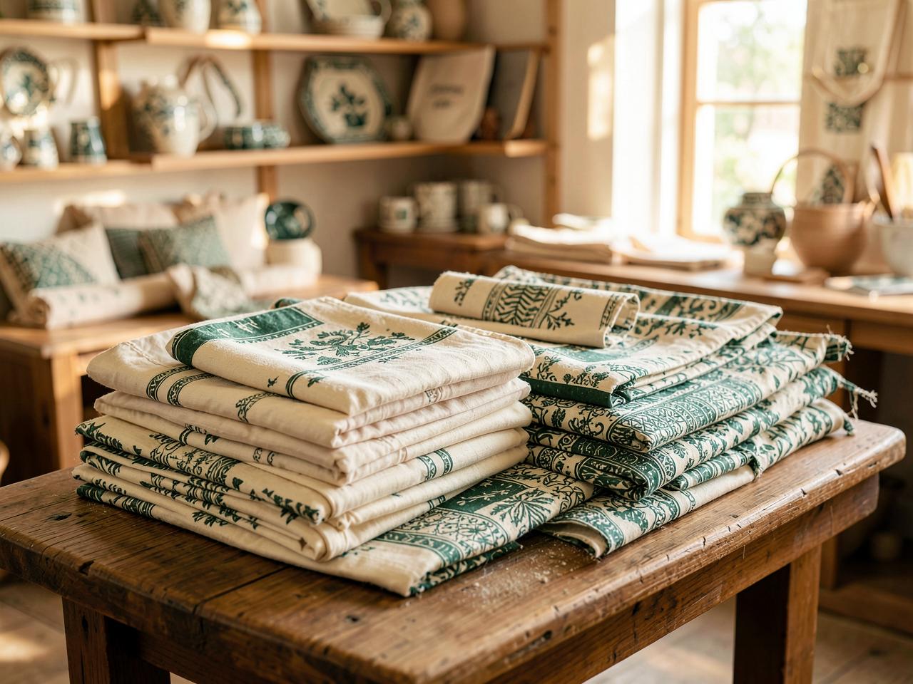 Folded handloom and block-printed home textiles in an artisan workshop
