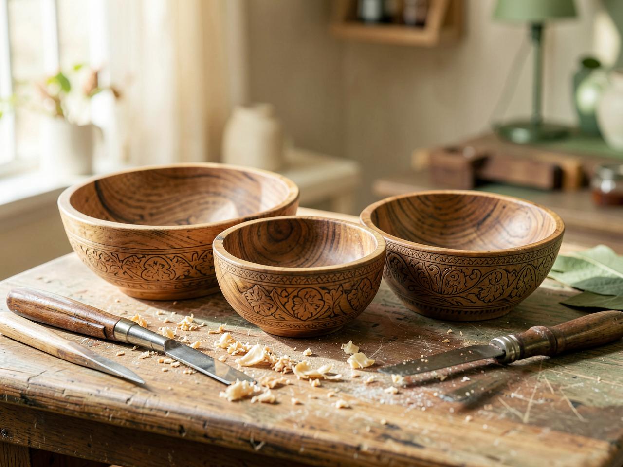 Carved wooden bowls and tableware on a craftsman's workbench