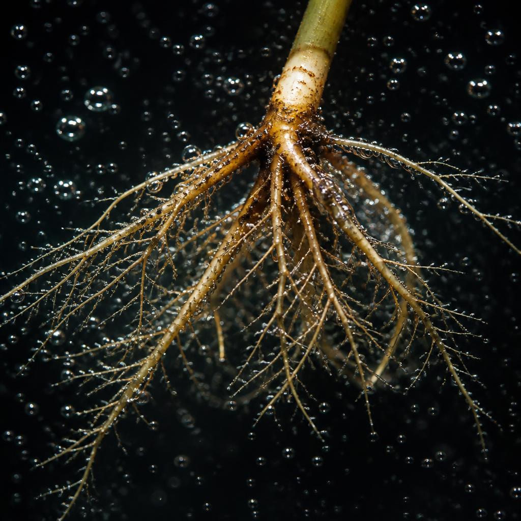 Bare plant roots suspended in oxygenated nutrient water
