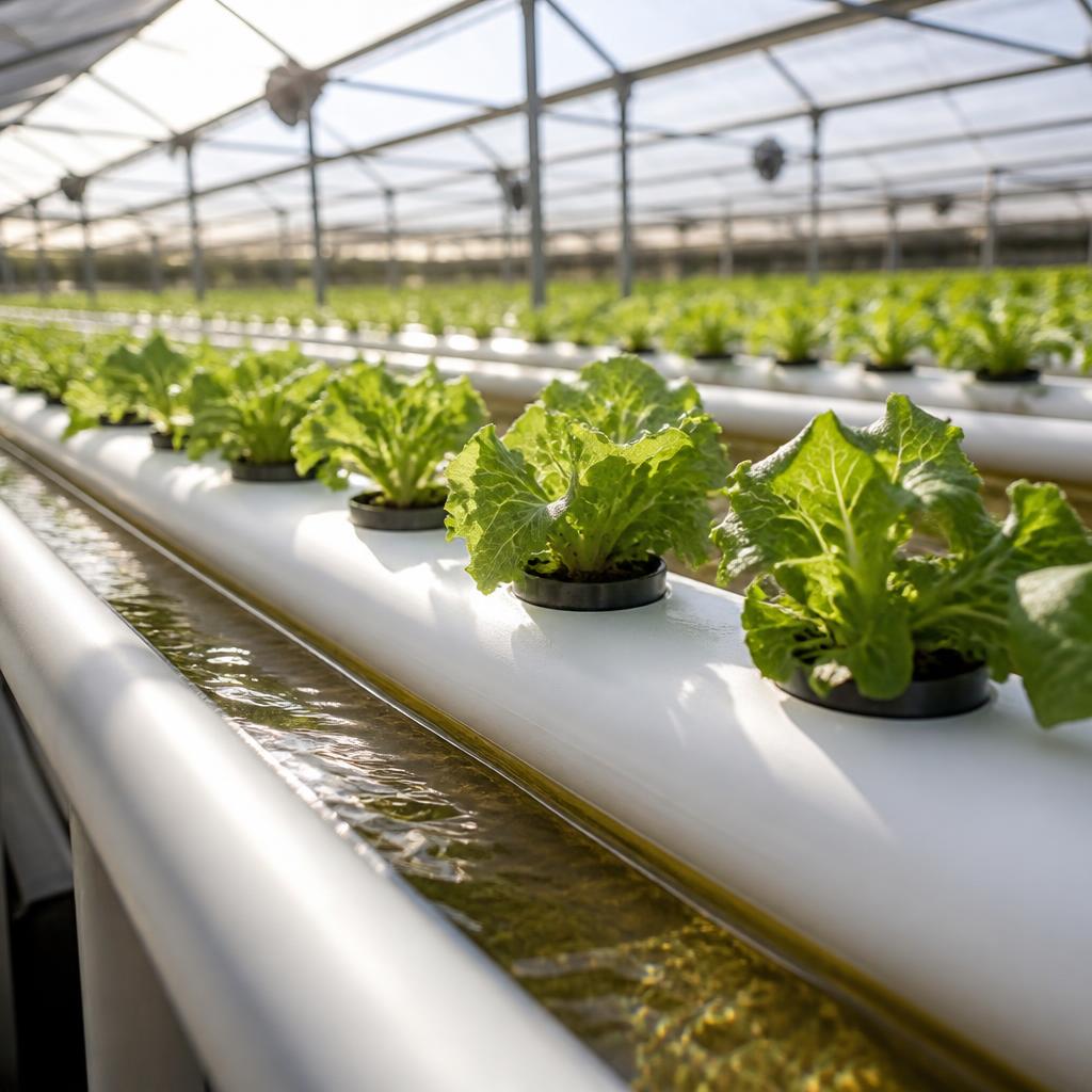 Hydroponic nutrient film channels growing lettuce in a greenhouse