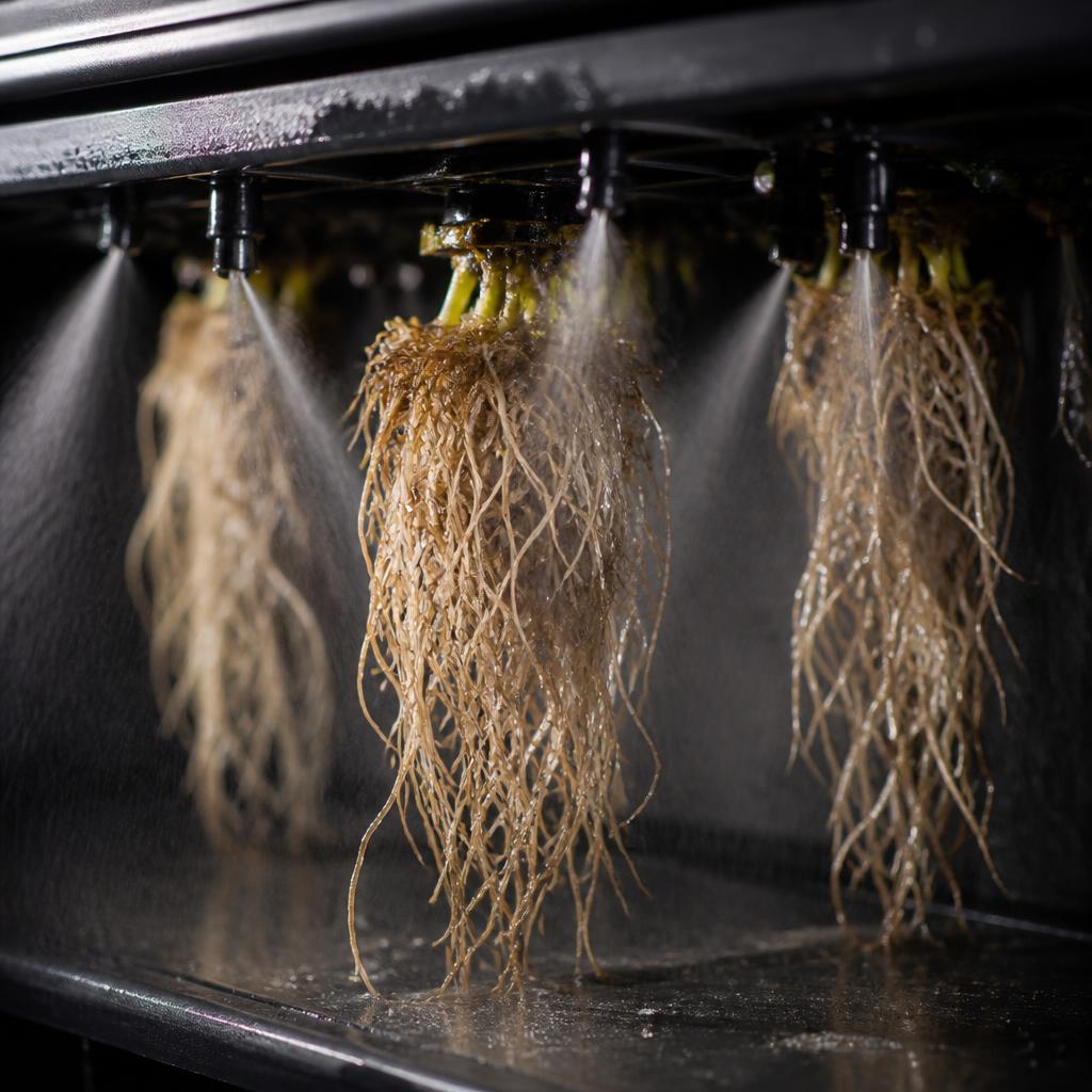 Aeroponic chamber with hanging roots being misted with fine spray