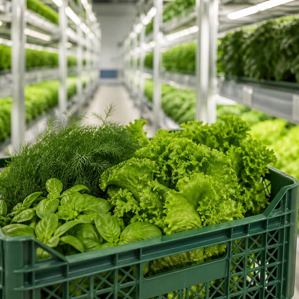 Freshly harvested greens and herbs packed in a crate at a vertical farm