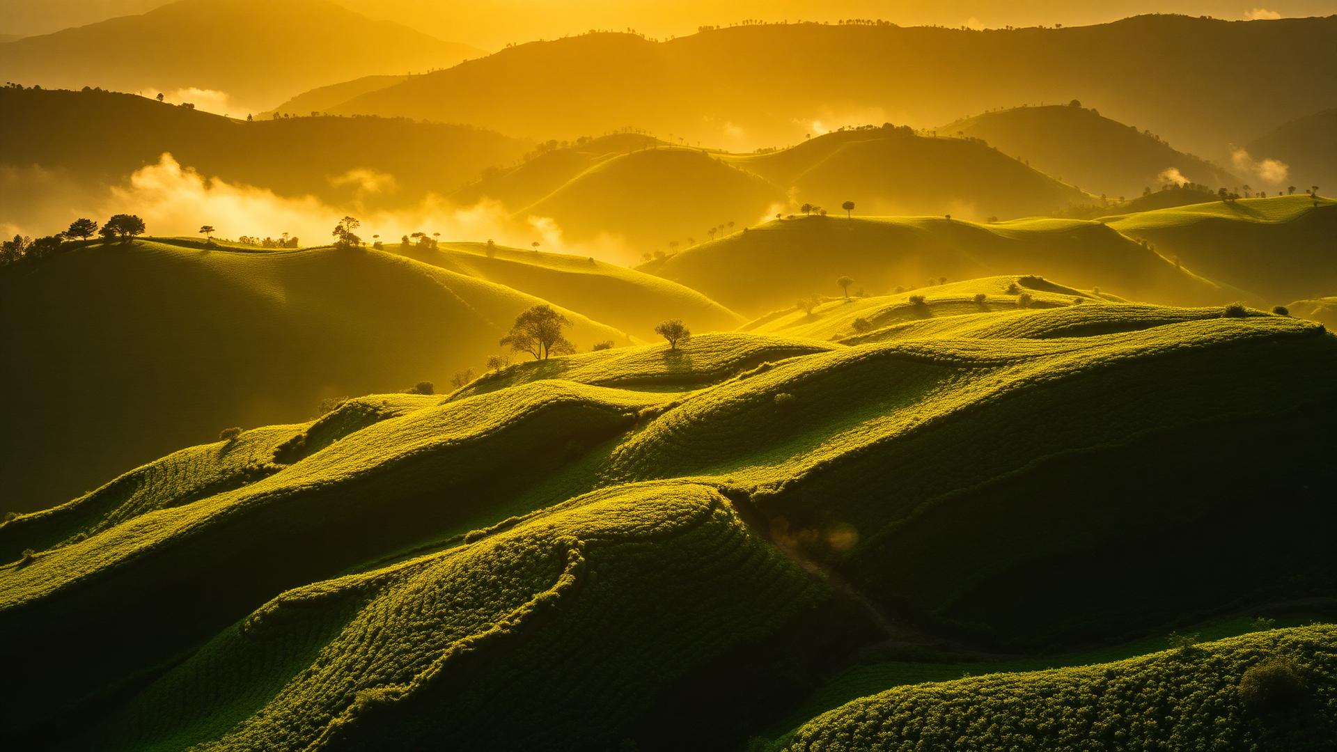 Rolling tea plantations at dawn
