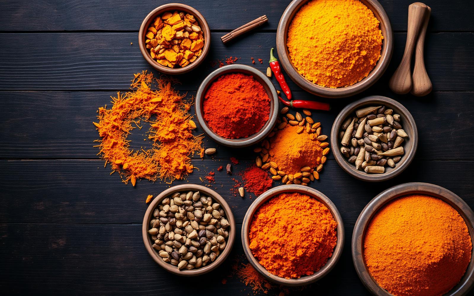 Indian spices in rustic bowls on a dark wooden table