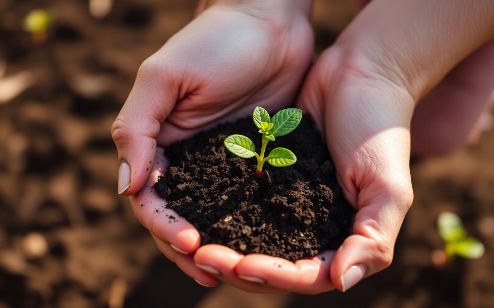 Hands holding soil and a young seedling