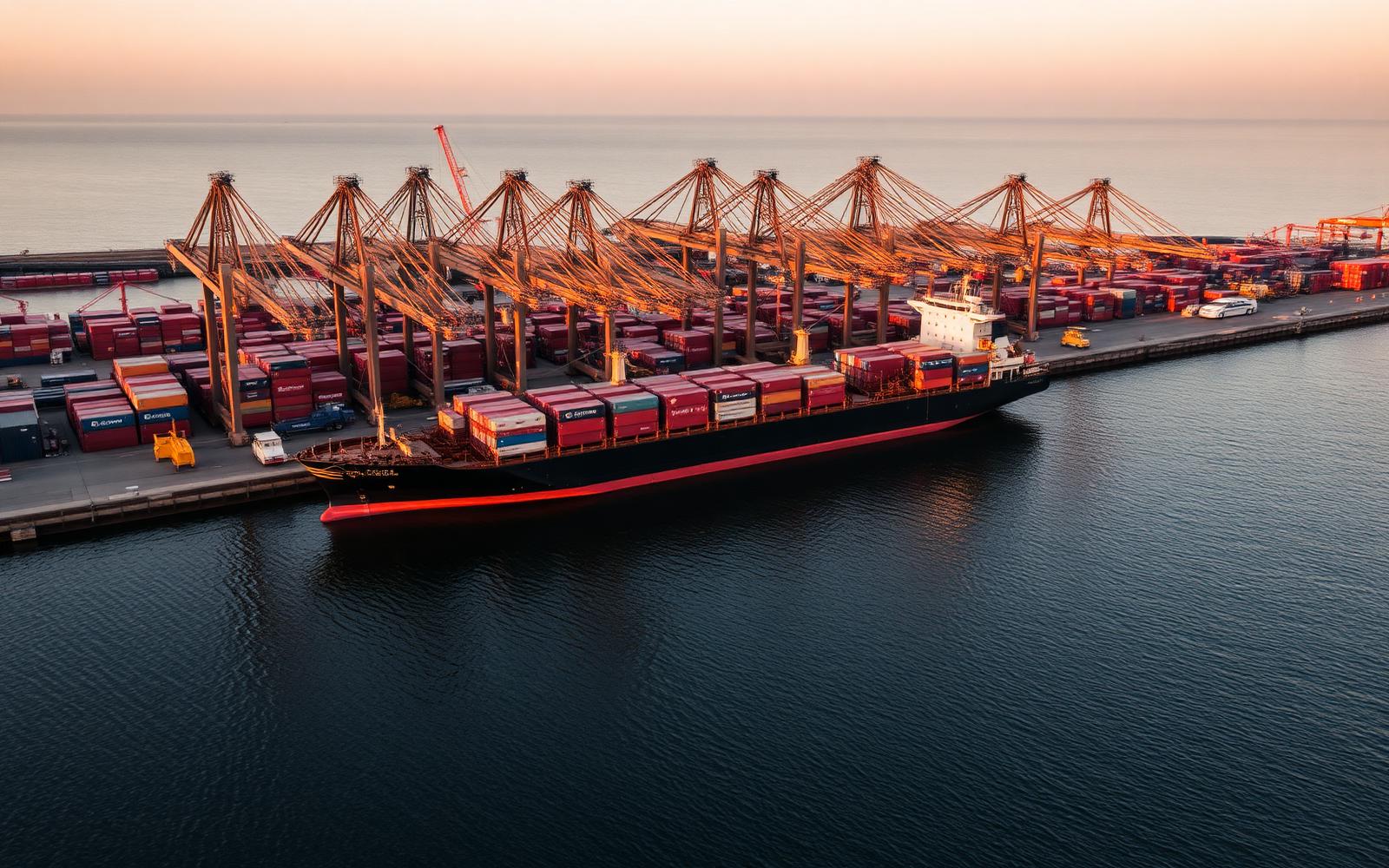 Aerial view of a cargo port at golden hour